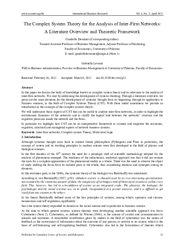 (PDF) The Complex System Theory for the Analysis of Inter-Firm Networks ...