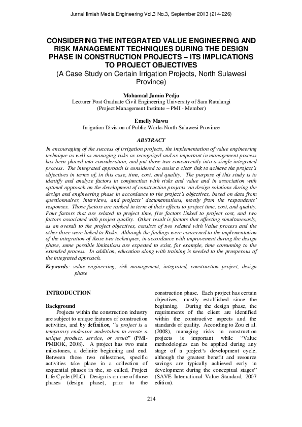 (PDF) CONSIDERING THE INTEGRATED VALUE ENGINEERING AND RISK MANAGEMENT ...