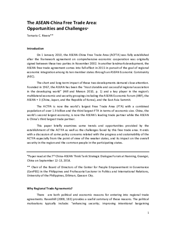 (PDF) The ASEAN-China Free Trade Area : Opportunities and Challenges