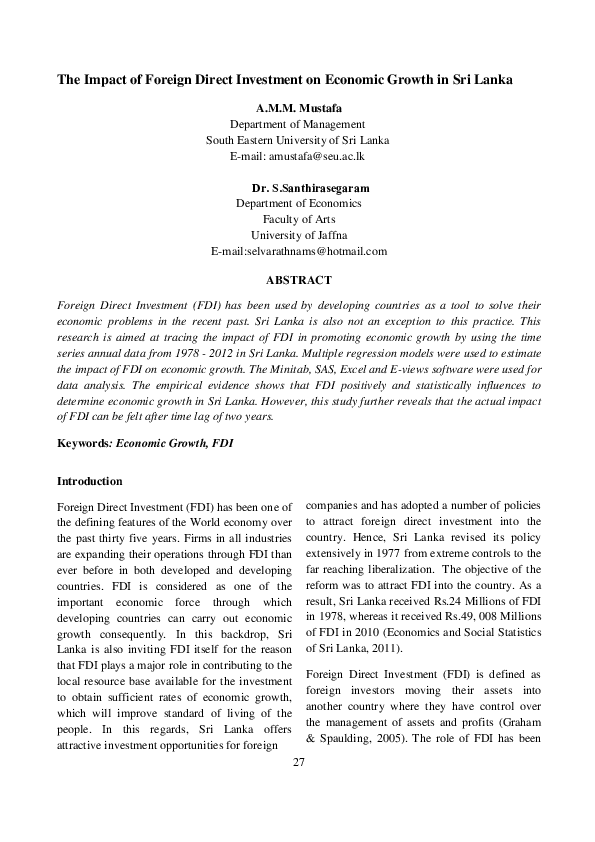 (PDF) The Impact of Foreign Direct Investment on Economic Growth of ...