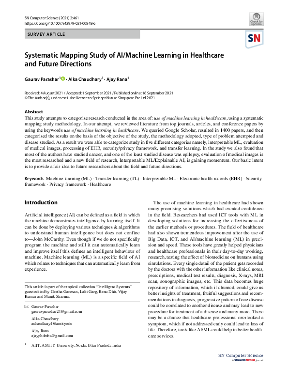 (PDF) Systematic Mapping Study of AI/Machine Learning in Healthcare and ...