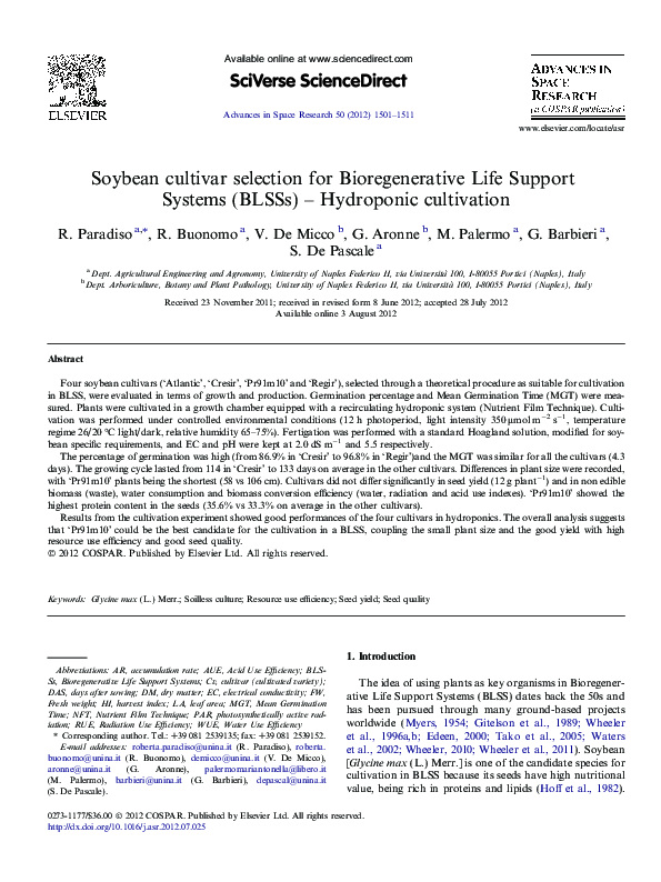 (PDF) Soybean cultivar selection for Bioregenerative Life Support ...
