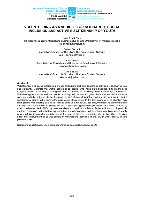 (PDF) Volunteering as a Vehicle for Solidarity, Social Inclusion and ...