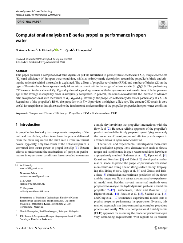 (PDF) Computational analysis on B-series propeller performance in open ...