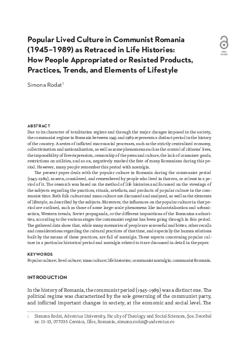(PDF) Popular Lived Culture in Communist Romania (1945-1989) as ...