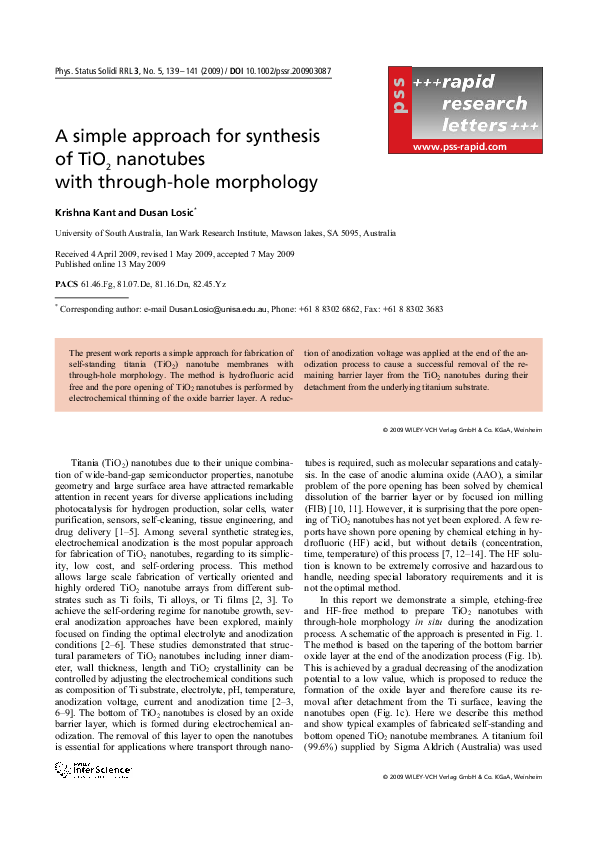 (PDF) A simple approach for synthesis of TiO 2 nanotubes with through ...