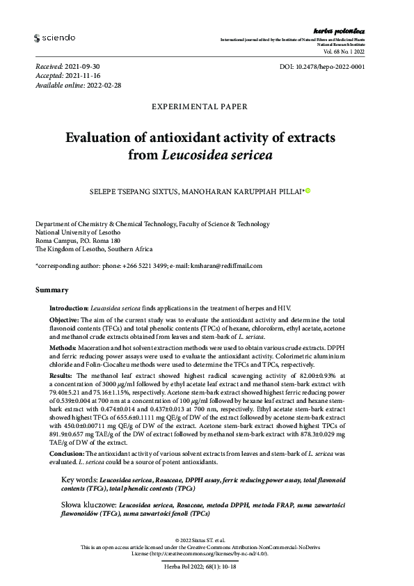 (PDF) Evaluation of the antioxidant activity of extracts from buntan