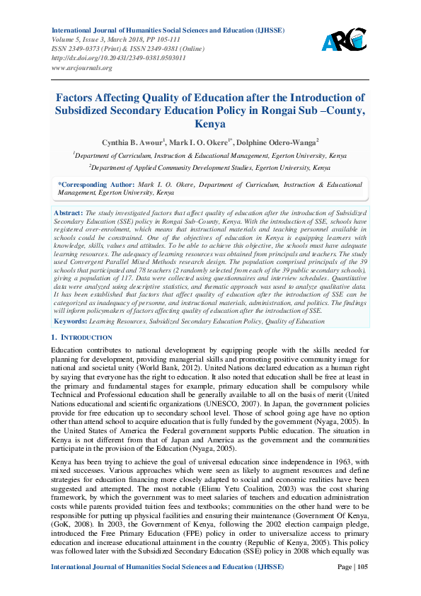 (PDF) Factors Affecting Quality of Education after the Introduction of ...
