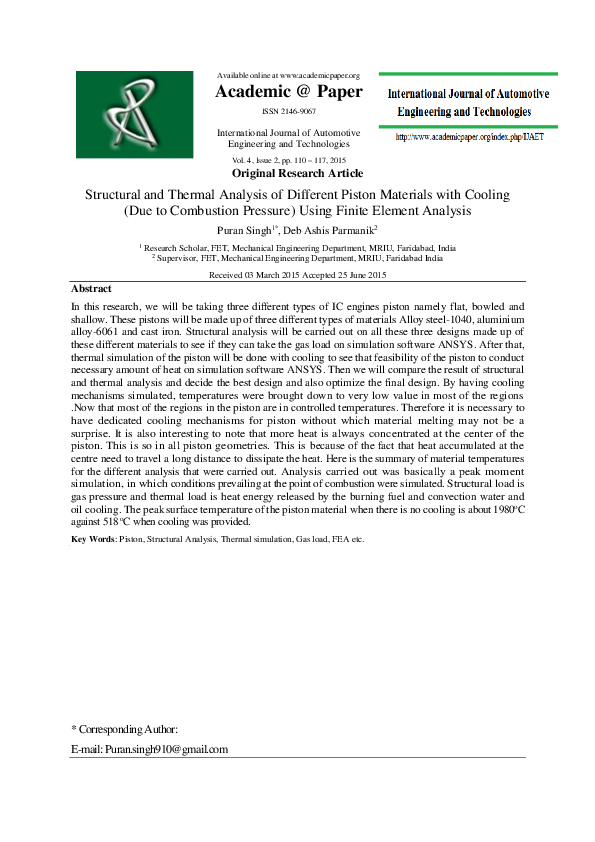 (PDF) Structural and Thermal Analysis of Different Piston Materials ...