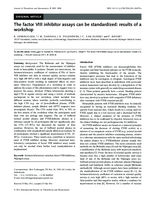 (PDF) The factor VIII inhibitor assays can be standardized: results of ...