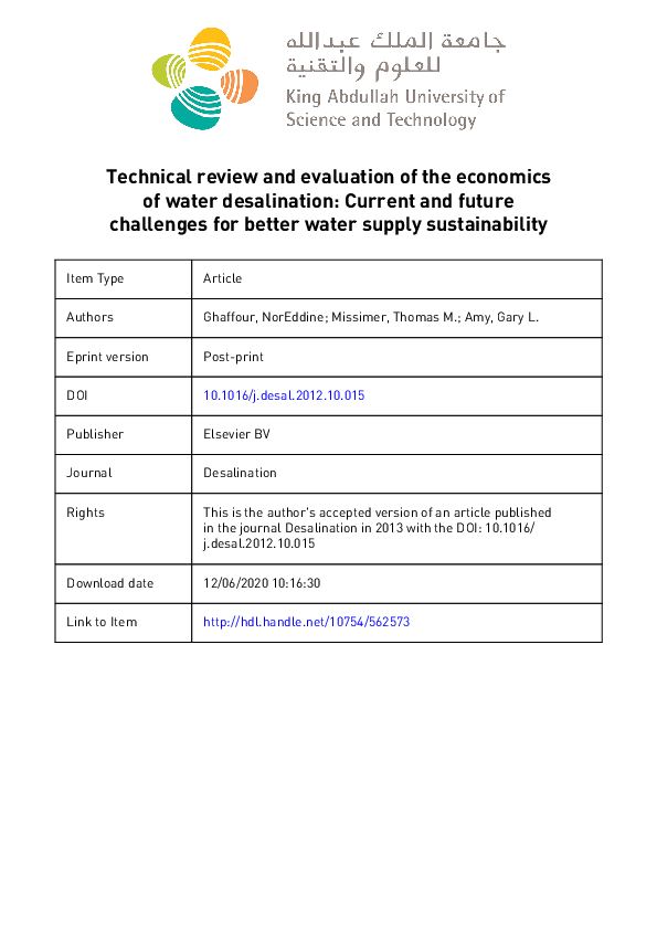 (PDF) Technical review and evaluation of the economics of water ...