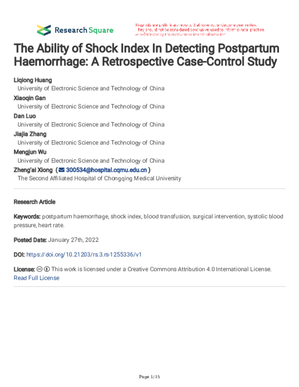 (PDF) The Ability of Shock Index In Detecting Postpartum Haemorrhage: A ...