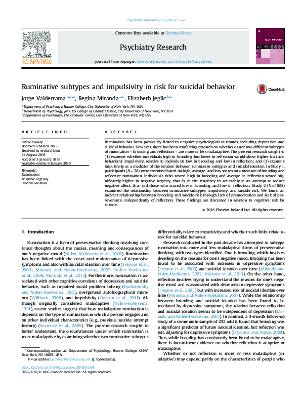 (PDF) Ruminative subtypes and impulsivity in risk for suicidal behavior