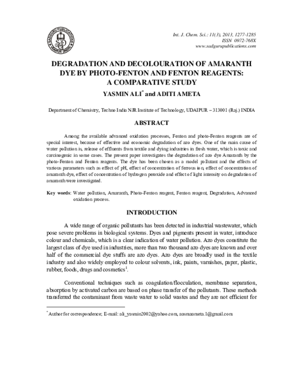 (PDF) Degradation and Decolouration of Amaranth Dye by Photo-Fenton and ...