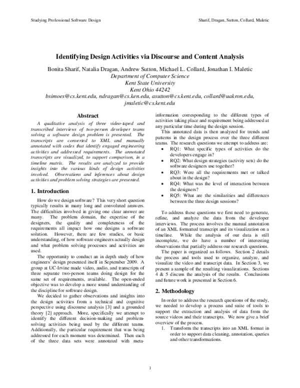 (PDF) Identifying Design Activities via Discourse and Content Analysis