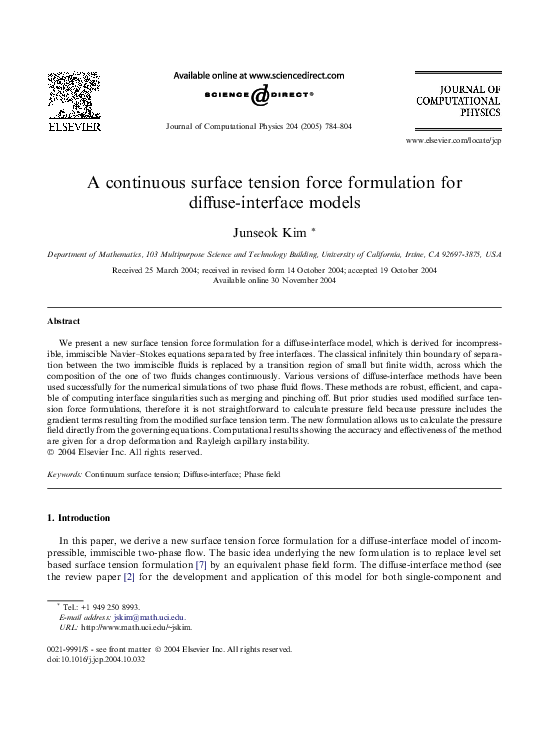 (PDF) A continuous surface tension force formulation for diffuse ...