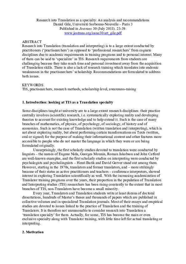 (PDF) Research into Translation as a specialty: An analysis and ...
