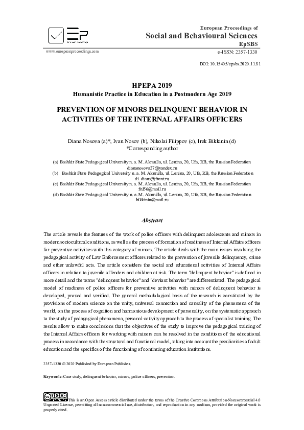 (PDF) Prevention Of Minors Delinquent Behavior In Activities Of The