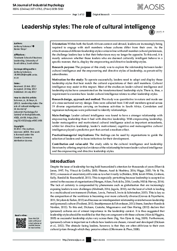 (PDF) Leadership styles: The role of cultural intelligence