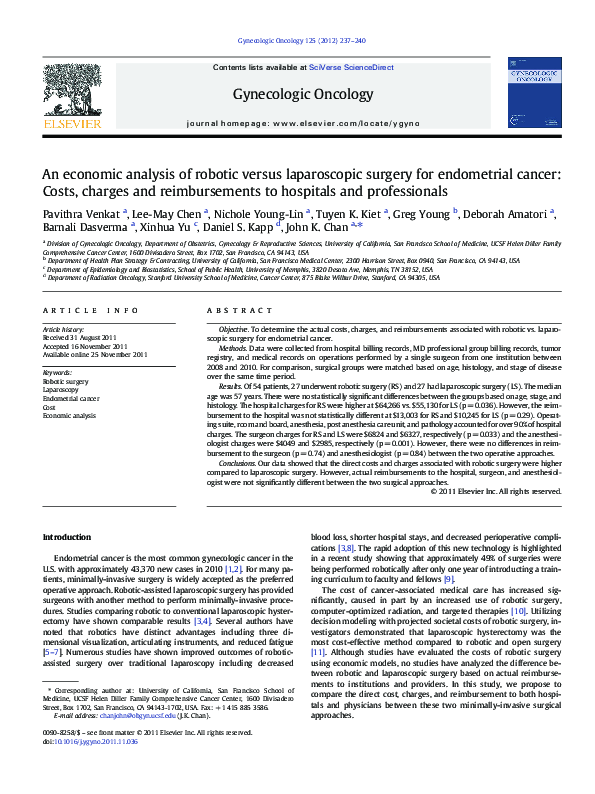 (PDF) An economic analysis of robotic versus laparoscopic surgery for ...