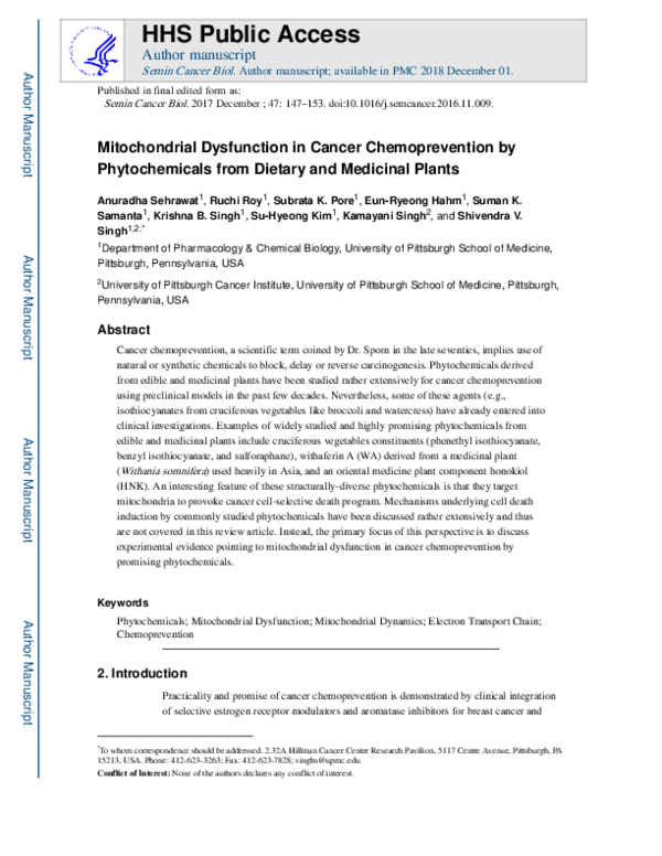 (PDF) Mitochondrial dysfunction in cancer chemoprevention by ...