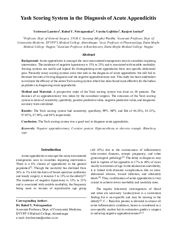 (PDF) Yash Scoring System in the Diagnosis of Acute Appendicitis
