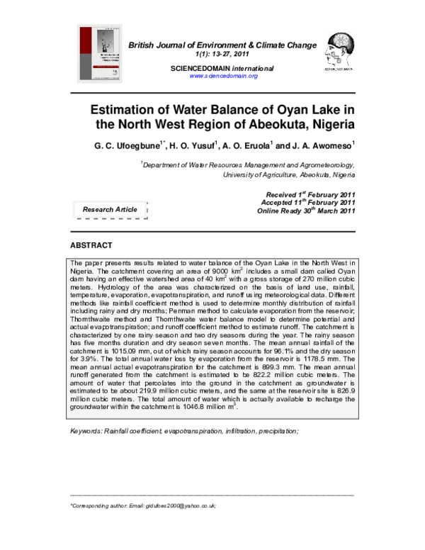 Estimation of Water Balance of Oyan Lake in the North West Region of Abeokuta, Nigeria