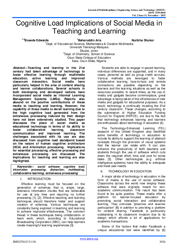 (PDF) Cognitive Load Implications of Social Media in Teaching and Learning