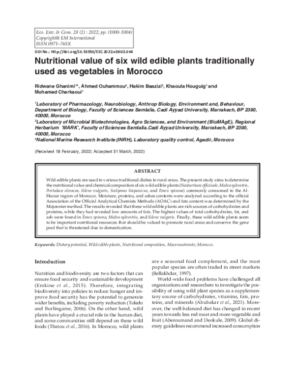 (PDF) Nutritional value of six wild edible plants traditionally used as ...