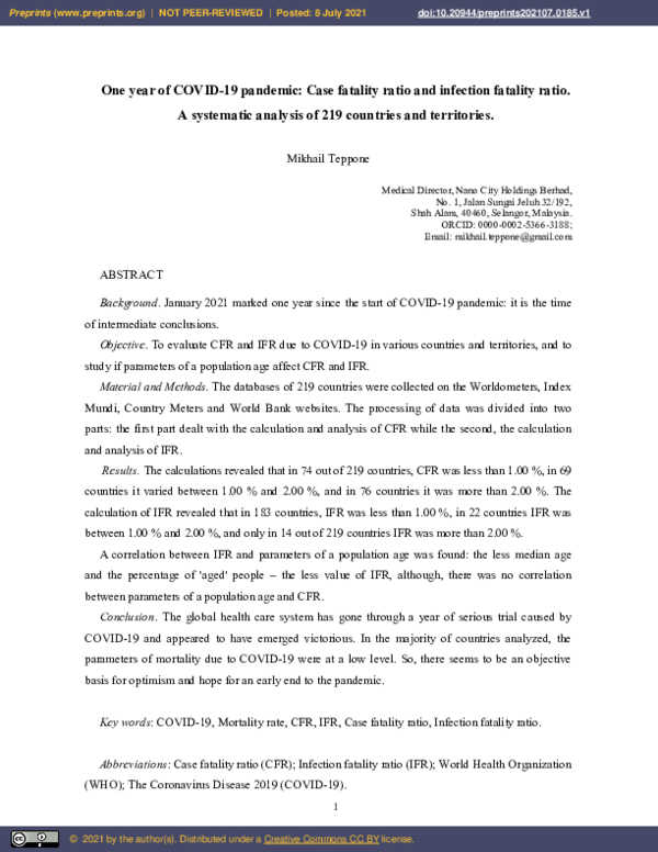 (PDF) One Year of COVID-19 Pandemic: Case Fatality Ratio and Infection ...