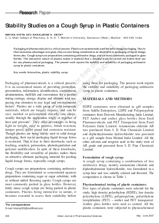 (PDF) Stability studies on a cough syrup in plastic containers