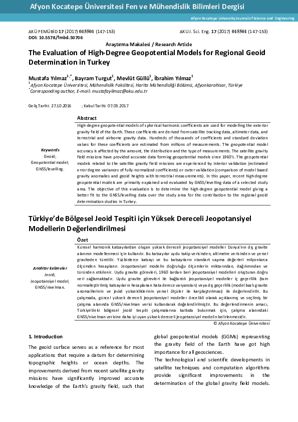 (PDF) The Evaluation of High-Degree Geopotential Models for Regional ...