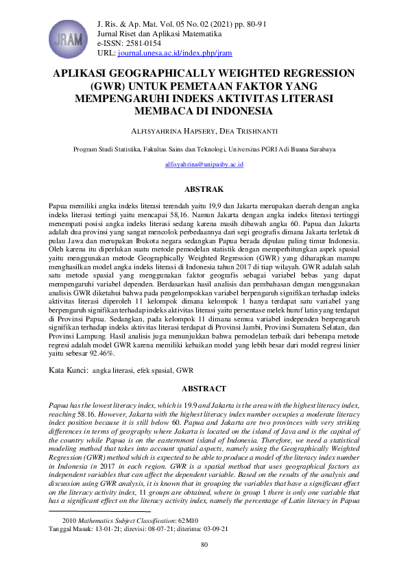 (PDF) Aplikasi Geographically Weighted Regression (GWR) Untuk Pemetaan