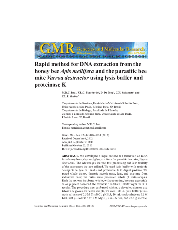 (PDF) Rapid method for DNA extraction from the honey bee Apis mellifera ...