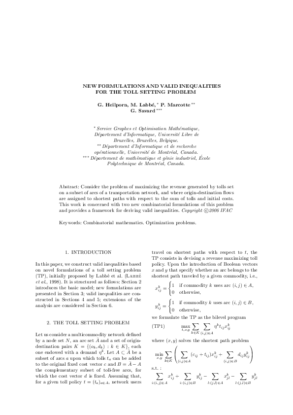 (PDF) New Formulations and Valid Inequalities for the Toll Setting Problem
