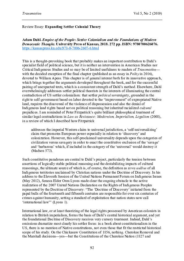 (PDF) REVIEW ESSAY: Expanding Settler Colonial Theory: Empire of the ...