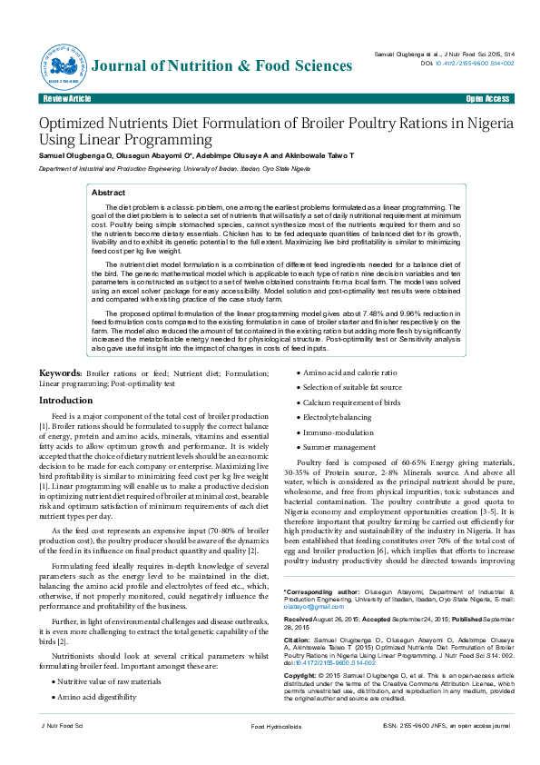 (PDF) Optimized Nutrients Diet Formulation of Broiler Poultry Rations ...