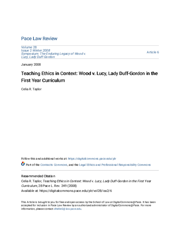 PDF Teaching Ethics In Context Wood V Lucy Lady Duff Gordon In The pdf-teaching-ethics-in-context-wood-v-lucy-lady-duff-gordon-in-the