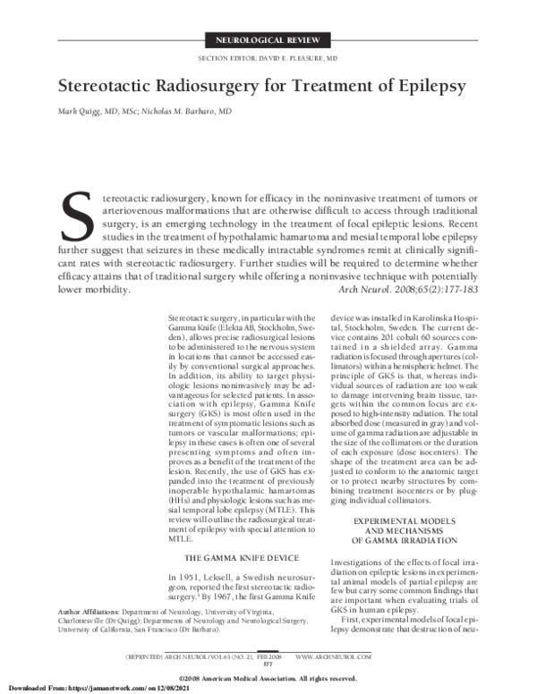 (PDF) Stereotactic Radiosurgery for Treatment of Epilepsy Mark Quigg Academia.edu