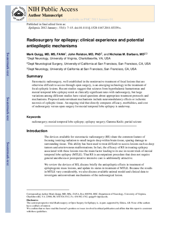 (PDF) Radiosurgery for epilepsy Clinical experience and potential antiepileptic mechanisms