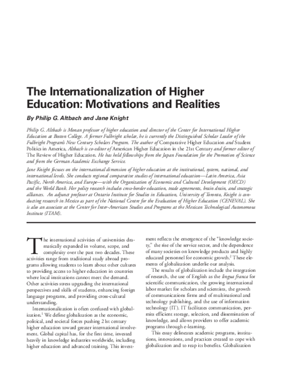(PDF) The Internationalization of Higher Education: Motivations and ...