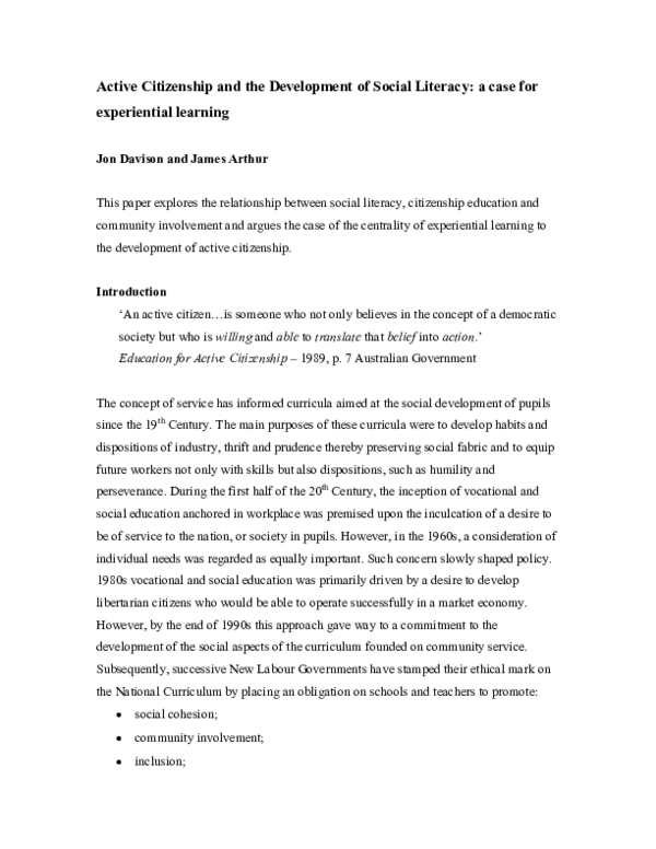 (PDF) Active Citizenship and the Development of Social Literacy: a case ...