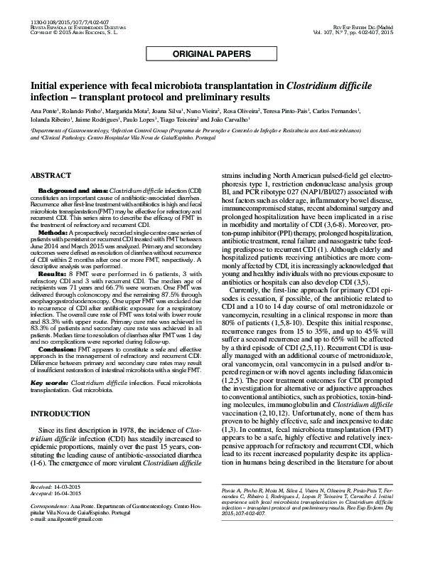 (PDF) Initial experience with fecal microbiota transplantation in ...