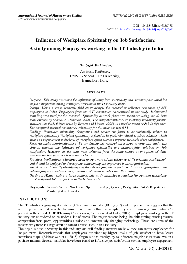 (PDF) Influence of Workplace Spirituality on Job Satisfaction: A study ...
