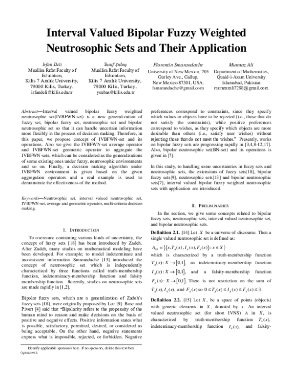 (PDF) Interval valued bipolar fuzzy weighted neutrosophic sets and ...