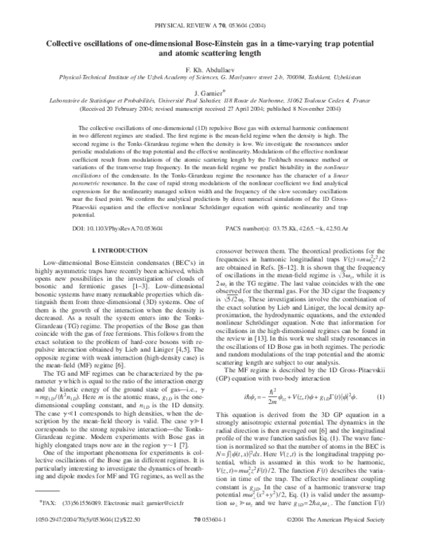 (PDF) Collective oscillations of one-dimensional Bose-Einstein gas in a ...