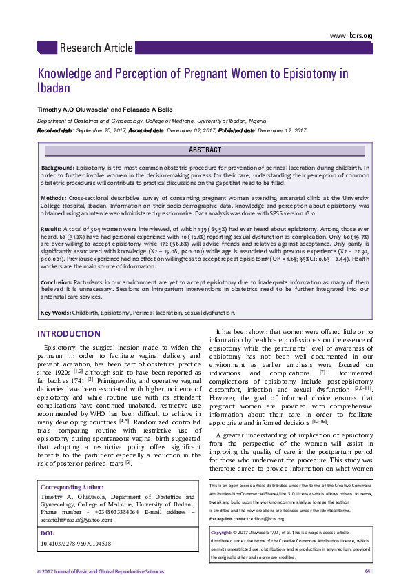 (PDF) Knowledge and Perception of Pregnant Women to Episiotomy in Ibadan