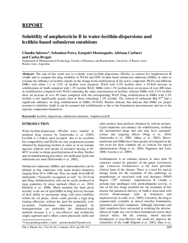 (PDF) Solubility of amphotericin B in waterlecithindispersions and