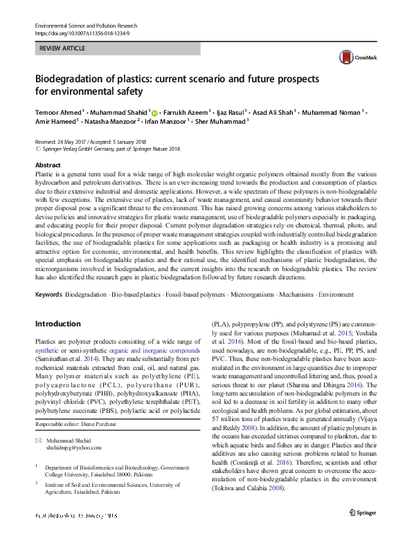 (PDF) Biodegradation of plastics: current scenario and future prospects ...