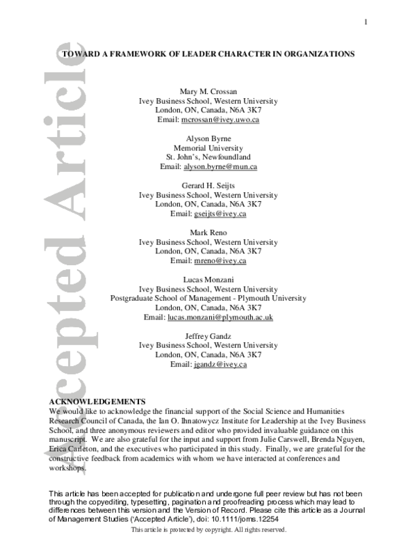 (PDF) Toward a Framework of Leader Character in Organizations